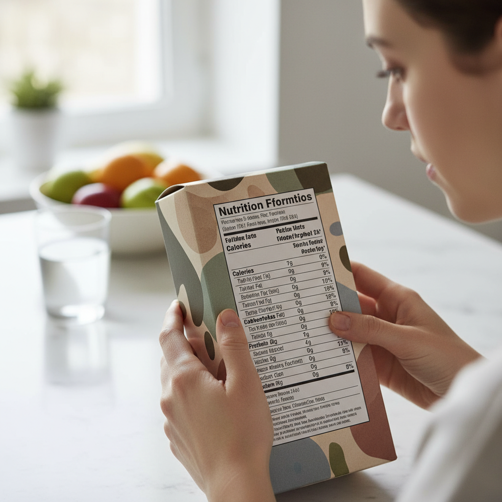 Nutritional information panel on food packaging being examined closely