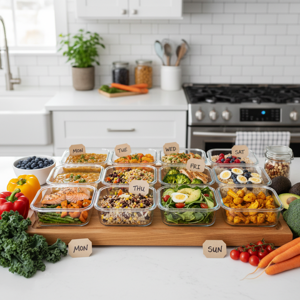 A well-organised meal plan with colourful whole food ingredients on a kitchen counter